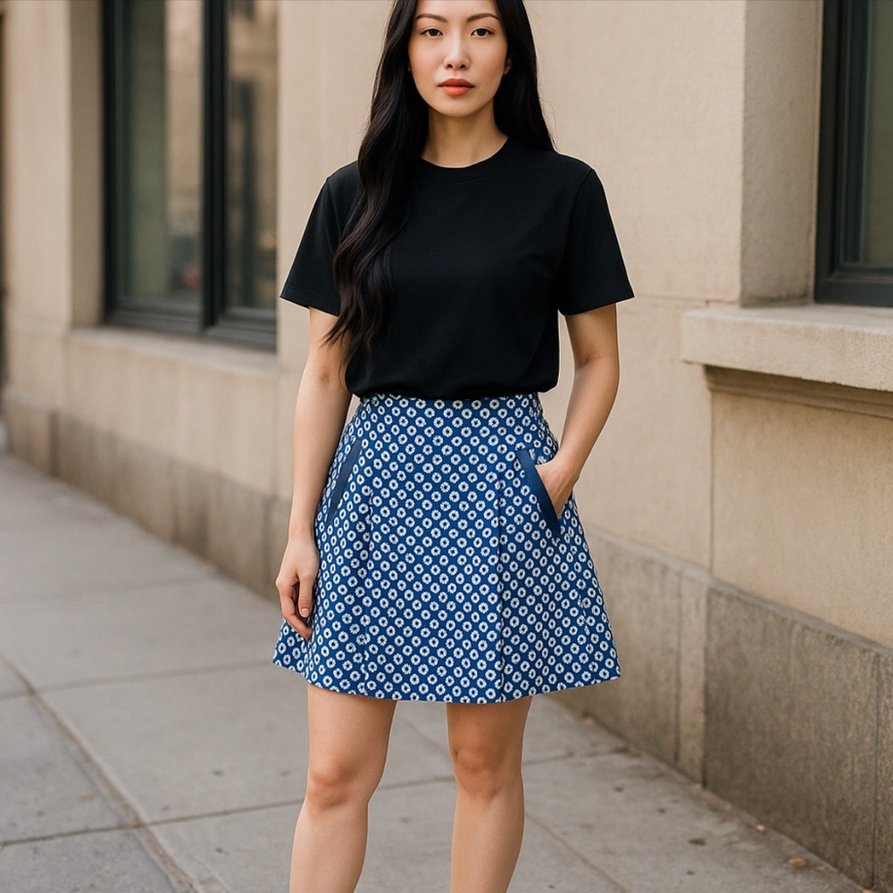 Anthropologie Maeve fit and flare mini blue and white skirt Size 8